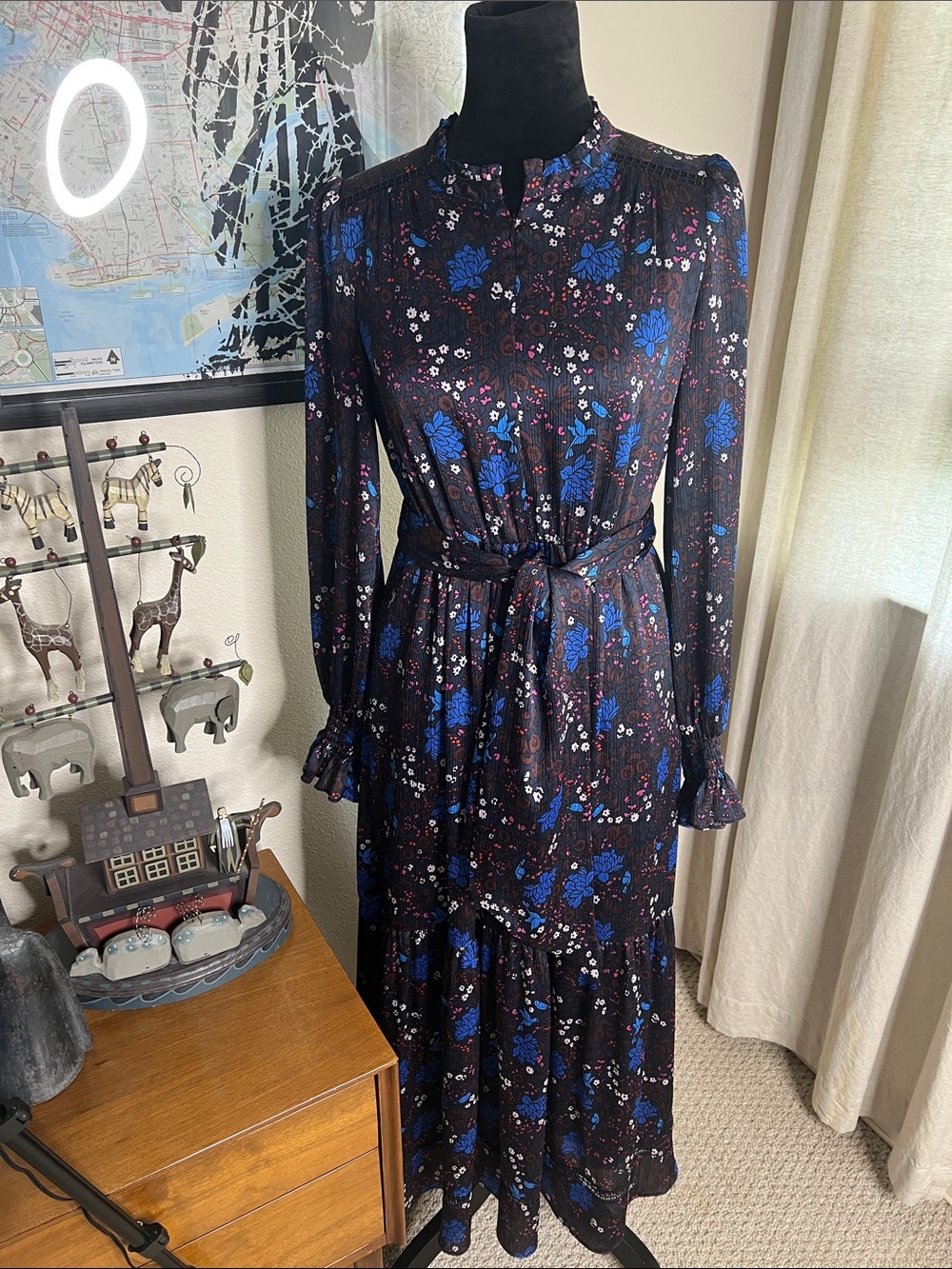 ME+EM floral Print blue hummingbird Ruched Sleeve belted Maxi Dress Size 6